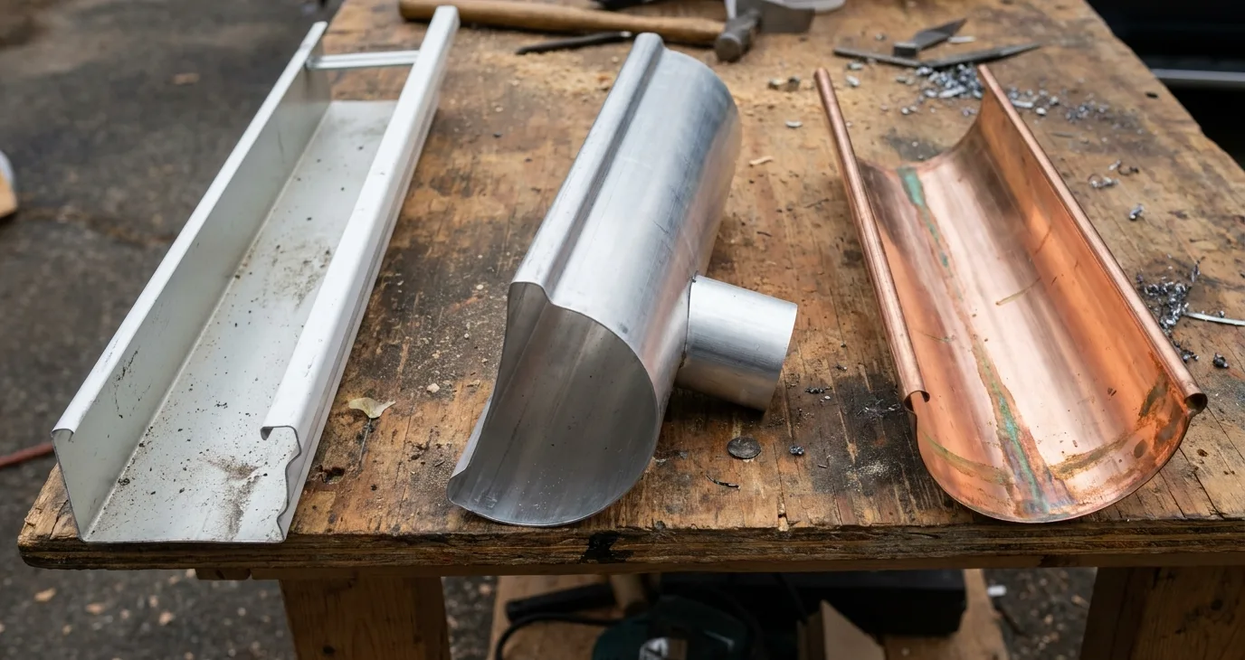 Three gutter profile samples -- standard aluminum, half-round, and copper -- laid side by side on a workbench