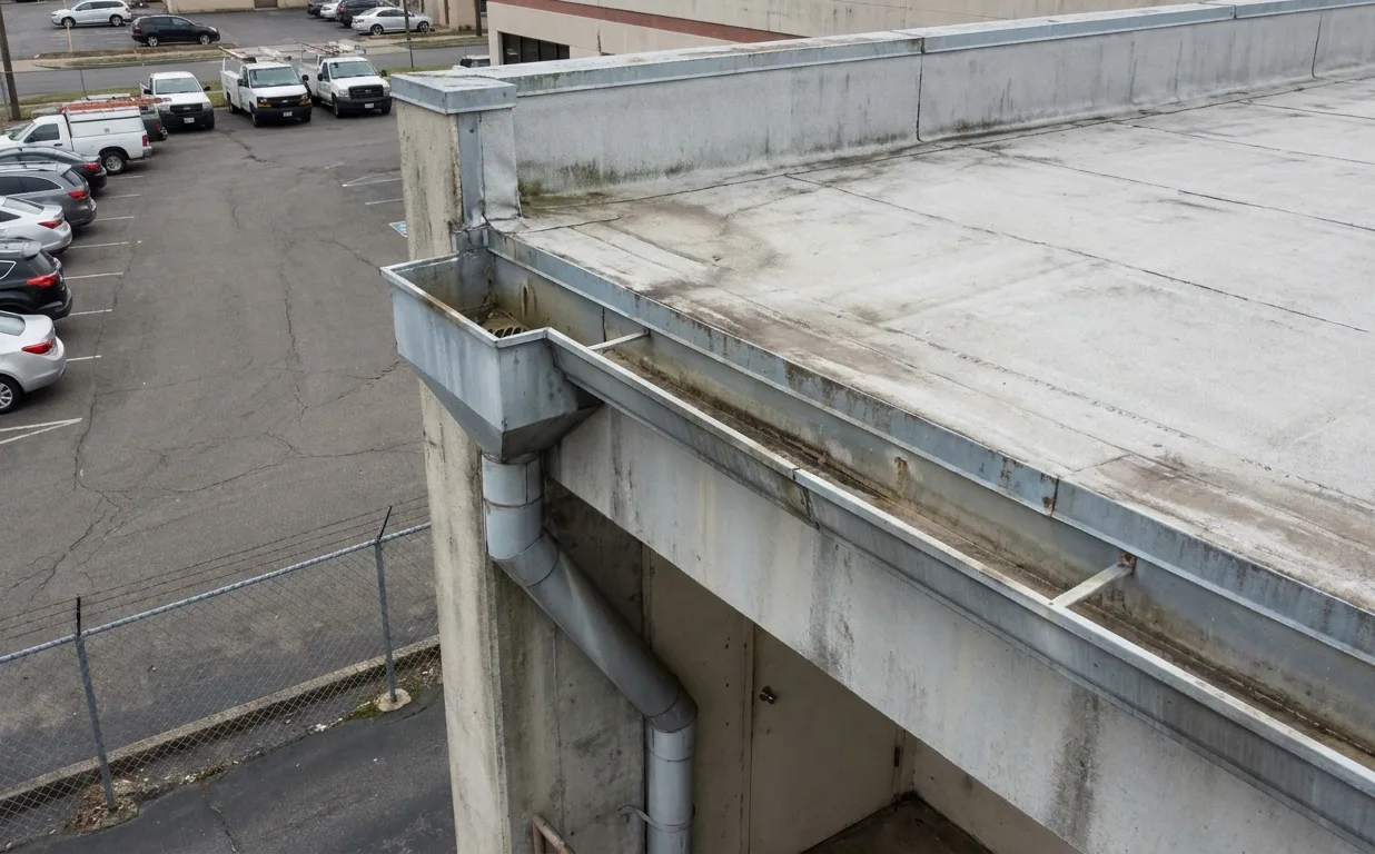 Large box gutter and scupper drain system running along the roofline edge of a flat-roofed commercial building with parapet walls. Large box gutter and scupper drain system running along the roofline edge of a flat-roofed commercial building with parapet walls.