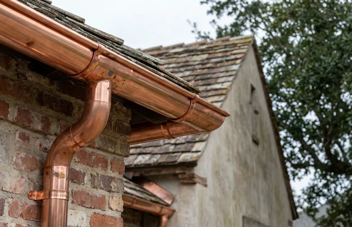 Close-up of a bright new half-round copper gutter and matching round downspout fastened along a stone-trimmed roofline with hidden hangers. Close-up of a bright new half-round copper gutter and matching round downspout fastened along a stone-trimmed roofline with hidden hangers.