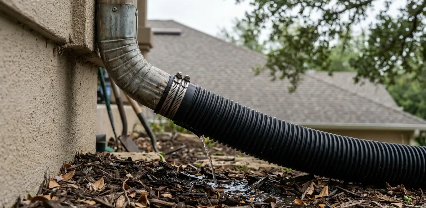Close-up of a downspout elbow and extension carrying water away from a home's foundation across a mulched planting bed. Close-up of a downspout elbow and extension carrying water away from a home's foundation across a mulched planting bed.
