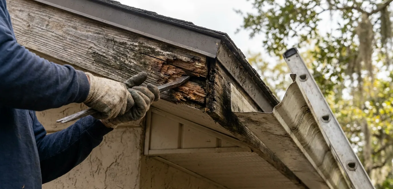 A close-up shot of a technician removing a section of rotted wood fascia board from behind a detached gutter section on an Orlando home