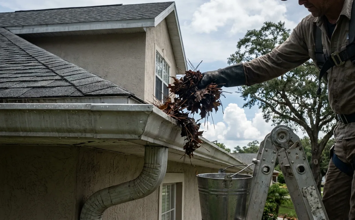 A technician on an extension ladder reaching into a clogged gutter, pulling out a mat of wet dark oak leaves and pine needles by hand. A technician on an extension ladder reaching into a clogged gutter, pulling out a mat of wet dark oak leaves and pine needles by hand.