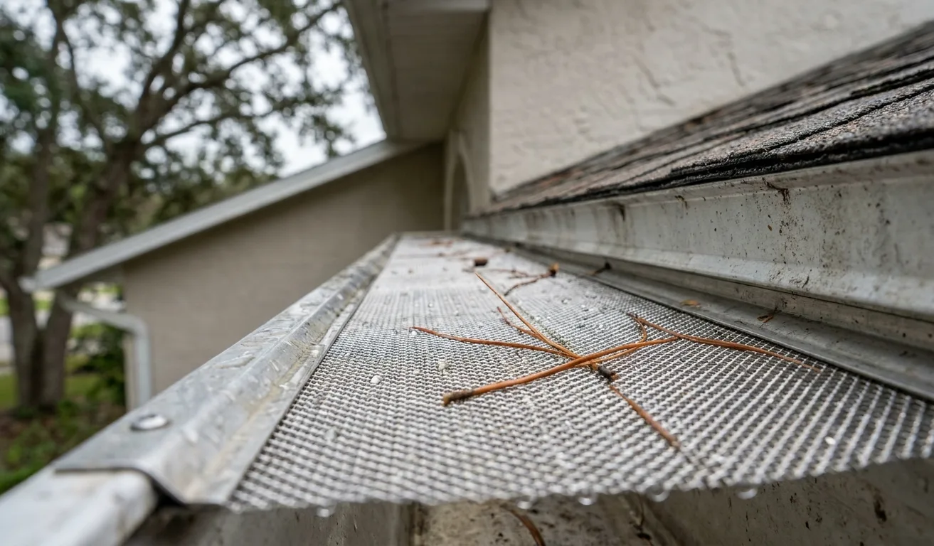 Close-up of a stainless micro-mesh gutter guard fastened along a gutter's front edge, showing the tight woven pattern that blocks debris. Close-up of a stainless micro-mesh gutter guard fastened along a gutter's front edge, showing the tight woven pattern that blocks debris.