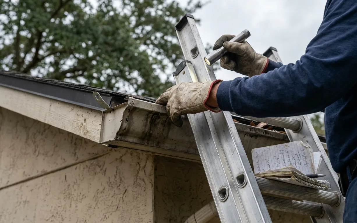 A technician on an extension ladder shines a flashlight closely along a gutter seam and hanger, checking for hidden wear during an inspection A technician on an extension ladder shines a flashlight closely along a gutter seam and hanger, checking for hidden wear during an inspection