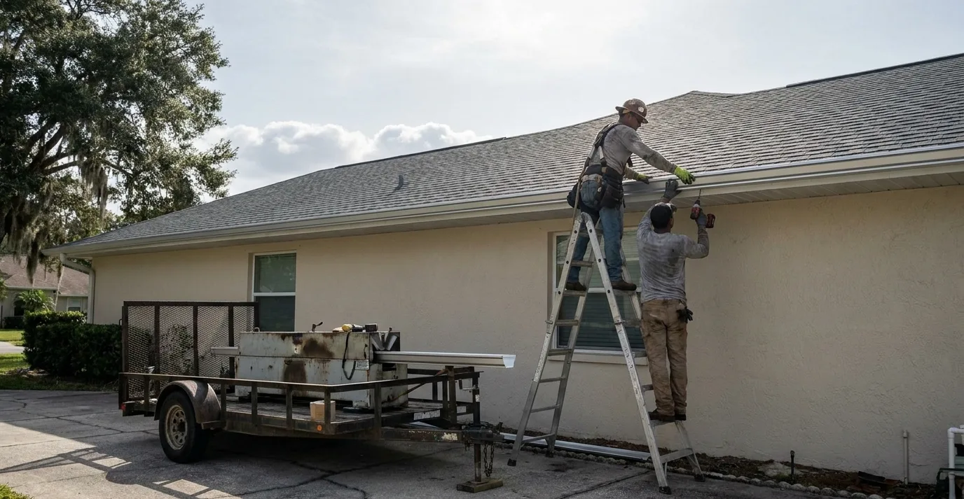 Close-up of a two-person crew fastening a new seamless aluminum gutter section along the fascia of a Florida home. Close-up of a two-person crew fastening a new seamless aluminum gutter section along the fascia of a Florida home.
