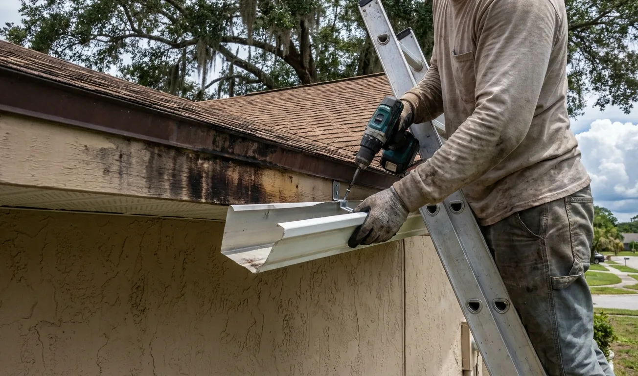 A technician re-securing a sagging gutter section with new hangers beneath a home's eave, working from a ladder against a tile roof. A technician re-securing a sagging gutter section with new hangers beneath a home's eave, working from a ladder against a tile roof.