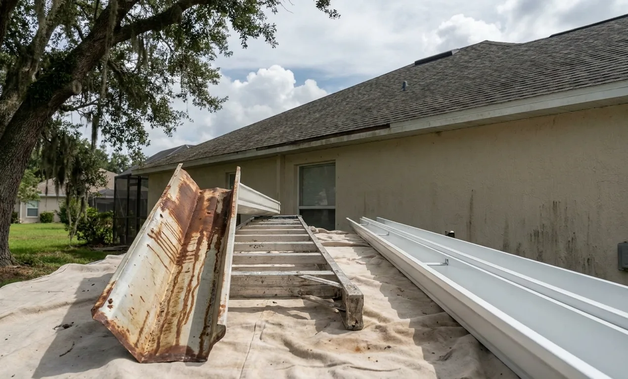 An old rusted steel gutter section removed from a roofline and set on the ground beside a new seamless aluminum gutter run waiting to be installed.