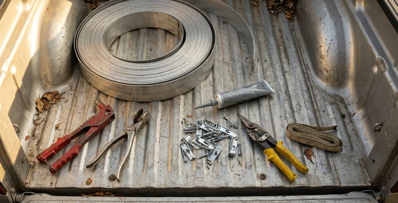 Hand tools, aluminum gutter coil, and assorted end caps and fittings laid out neatly across the open tailgate of a work truck. Hand tools, aluminum gutter coil, and assorted end caps and fittings laid out neatly across the open tailgate of a work truck.
