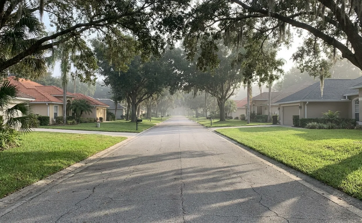 A quiet residential Central Florida street lined with mature oak trees, their canopy arching over the road above rows of single-story homes. A quiet residential Central Florida street lined with mature oak trees, their canopy arching over the road above rows of single-story homes.