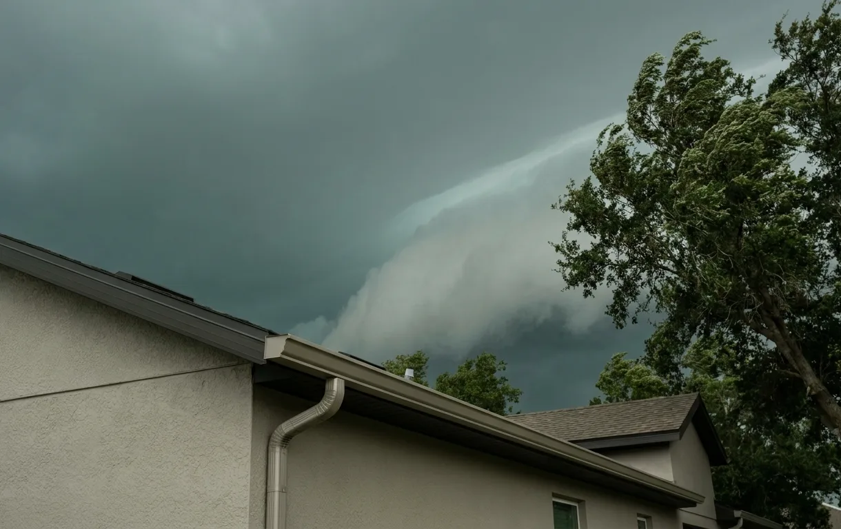 Wide exterior view of a Florida home with clean new gutters running the roofline under a darkening, storm-heavy sky.