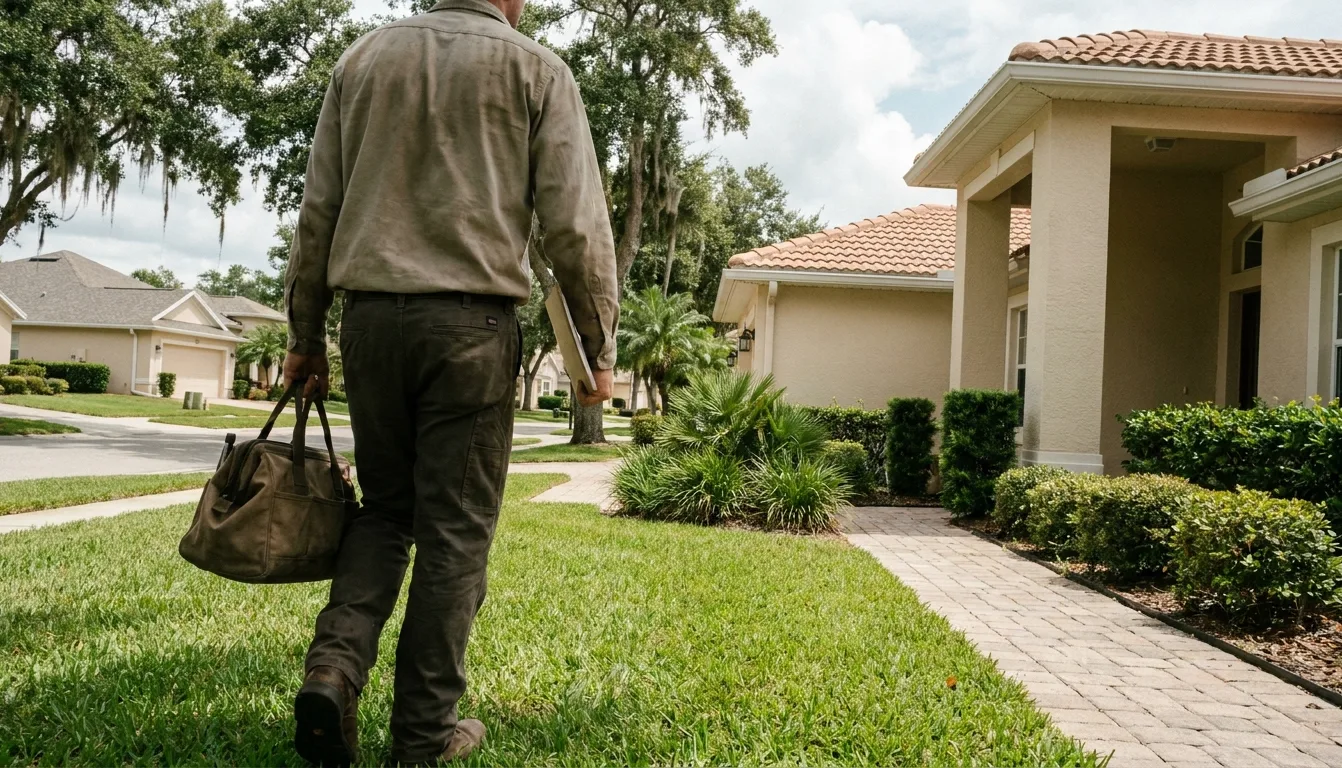 A gutter technician in work clothes carries a ladder and tool bag across a front lawn toward a Florida home's entryway.