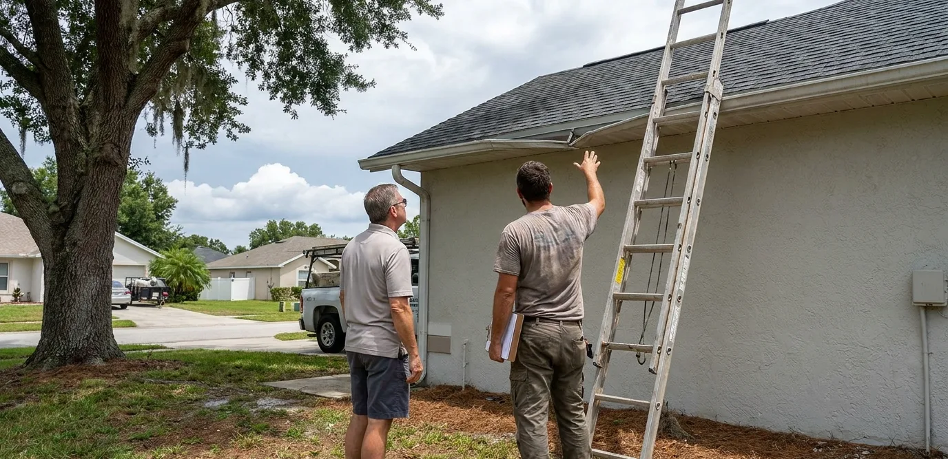 A gutter technician pointing out a loose hanger and pulled seam to a homeowner standing beside a ladder at the roofline
