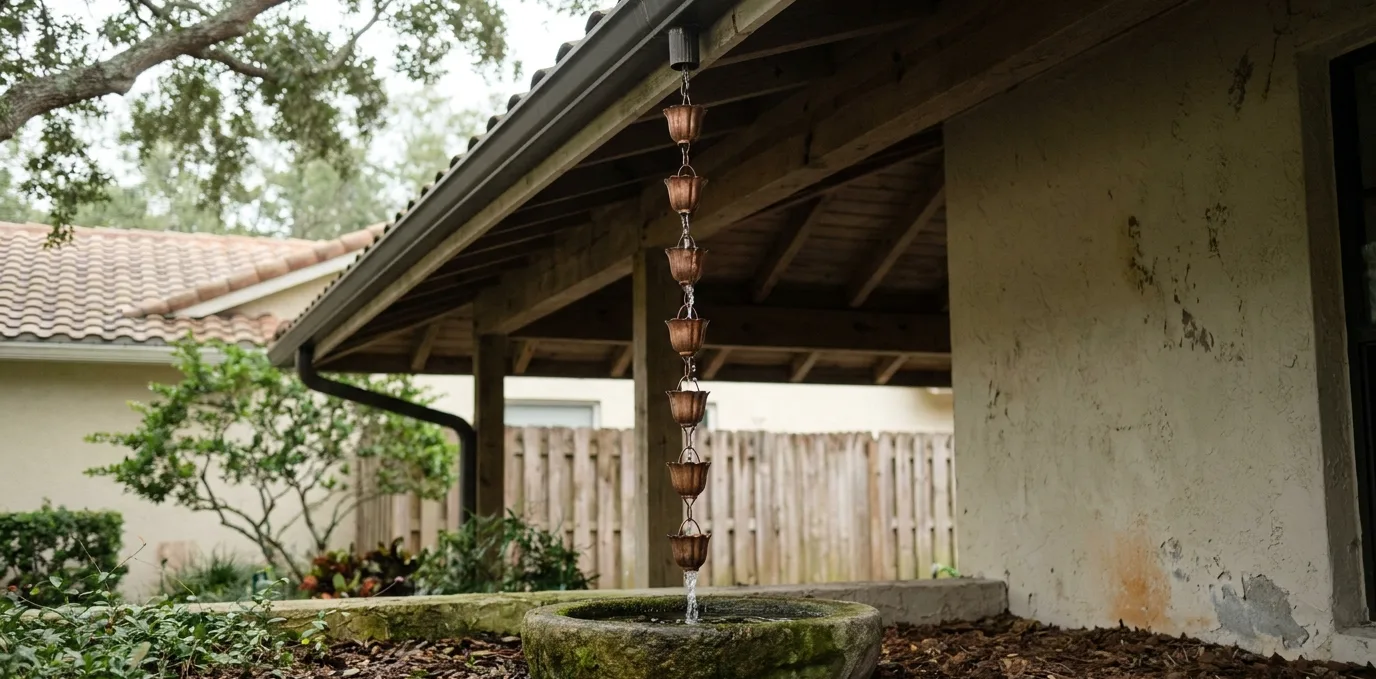 A decorative copper rain chain hanging from a gutter corner, guiding rainwater in a visible cascade down into a stone basin below A decorative copper rain chain hanging from a gutter corner, guiding rainwater in a visible cascade down into a stone basin below
