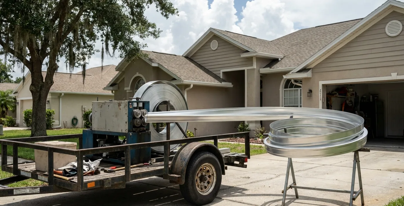 A portable gutter-forming machine mounted on a trailer extrudes a continuous aluminum gutter run directly on-site at an Orlando home. A portable gutter-forming machine mounted on a trailer extrudes a continuous aluminum gutter run directly on-site at an Orlando home.