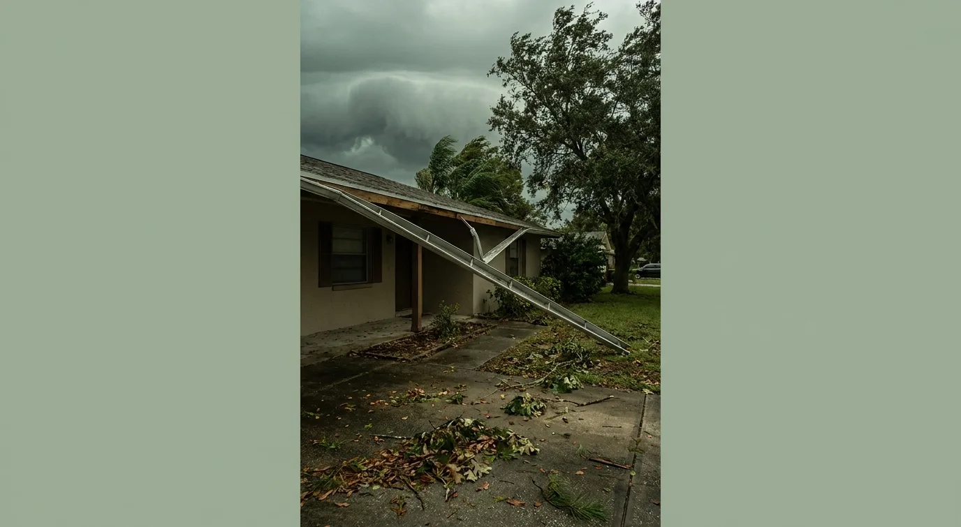 A gutter section torn loose and hanging crookedly after a storm, wind-scattered branches and leaves littering the lawn below. A gutter section torn loose and hanging crookedly after a storm, wind-scattered branches and leaves littering the lawn below.